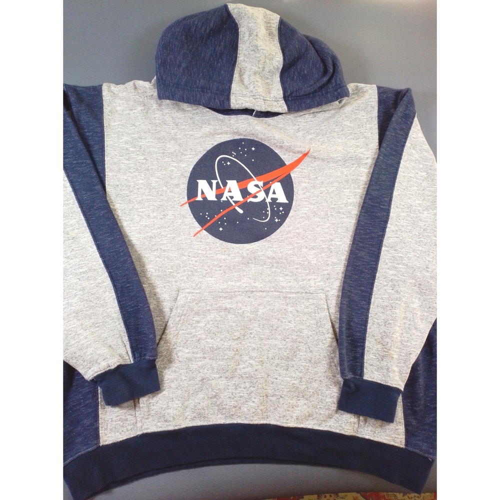 Nasa Hoodie Men's Blue Gray Heathered Colorblock Printed Long Sleeve Pullover